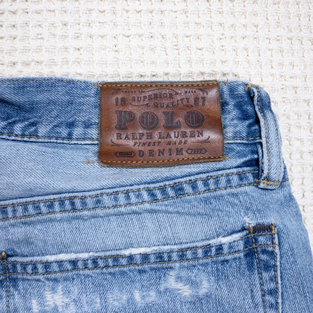 Polo Ralph Lauren Distressed Light Wash Blue Denim Jeans Mens 33x32 Straight Leg